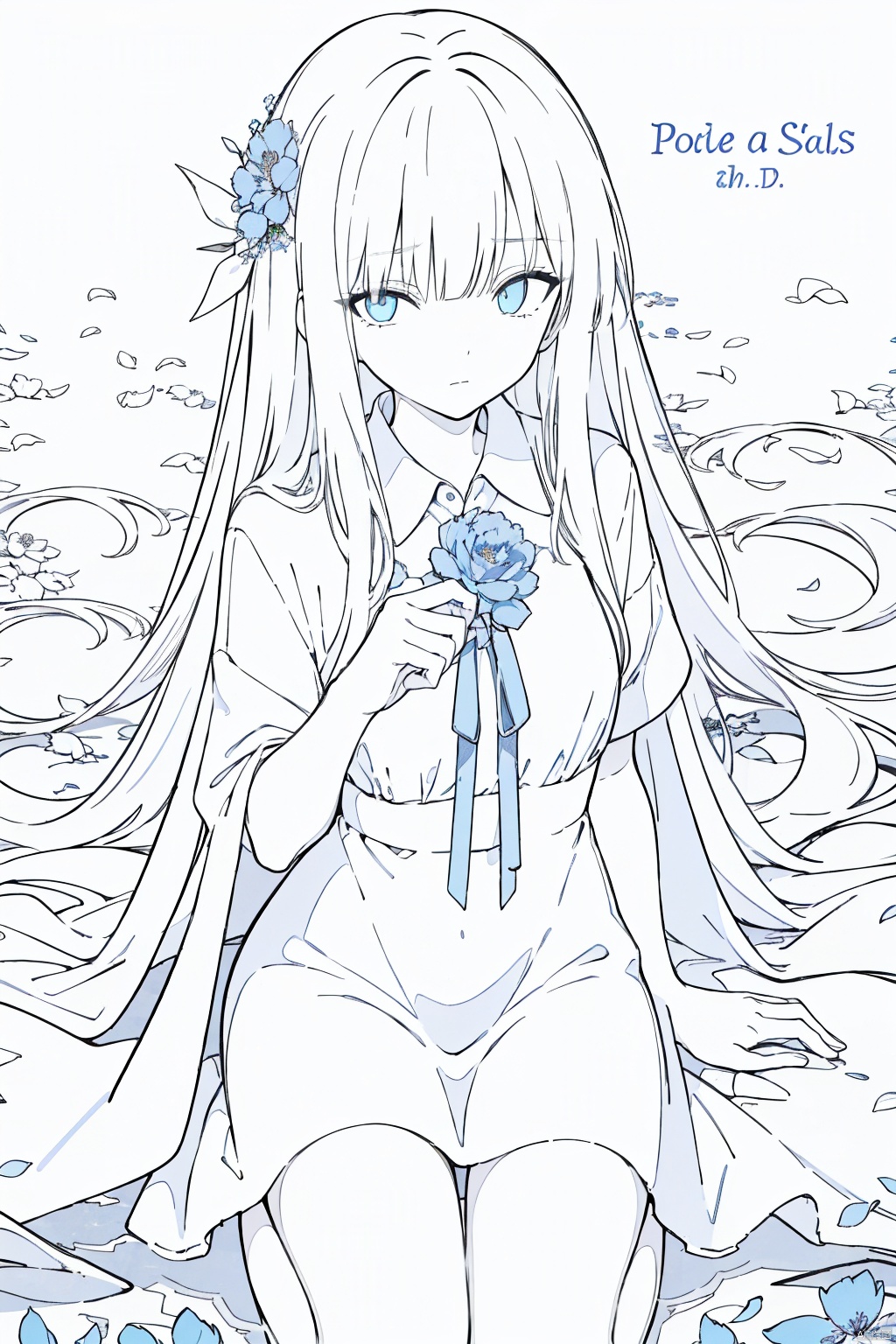  1girl, blue eyes, white long translucent night gown, expressionless, (white hair), hair cover one eye, long hair, blue hair flower, kneeling on lake, blood, (plenty of blue petals:1.35), (white background:1.5), (English text), greyscale, monochrome,greyscale,monochrome,sketch,