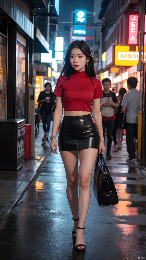 Beautiful Thai college student,long straight black hair,cute face,far shot,choker,full body,large earring,small bag,red shirt,miniskirt,night light,city,Photography,Surrounded by neon-lit reflections of the cityscape, depth of fields,Night, cyberpunk aesthetic, Highly detailed lighting, Dramatic,8K, high-detail, Skin Texture, Realistic skin texture,Best Quality, hight resolution, Photorealsitic