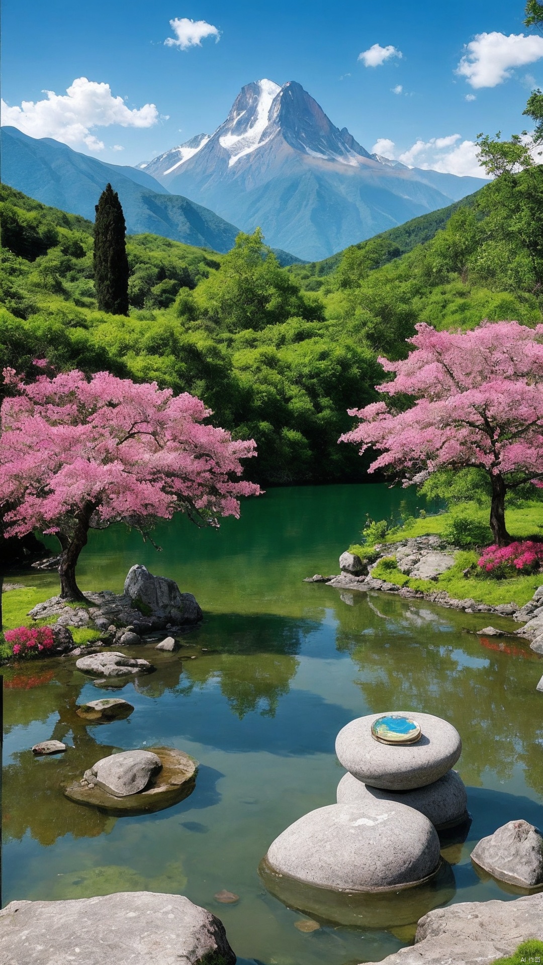 A lake with a stone in the middle, in the background is a mountain with pink flowers, Chen Chi, very beautiful scenery, a painting, cloisonne ism