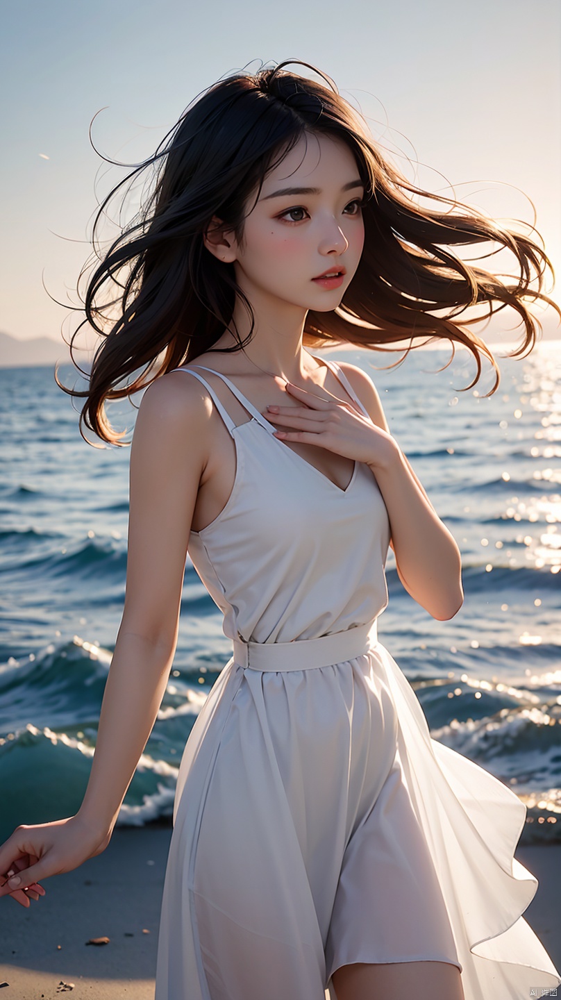 1 girl,kawaii,Detailed face,looking at the audience,focus,masterpiece,best quality, high resolution,8k,complex,elegant,Very detailed,Dynamic lightingBREAKLong hair flows elegantly in the gentle sea breeze,The fading sunlight casts warmth, The ethereal light in the scene. She wears a flowing, Light-colored dress that flutters in the wind. Waves in the background gently kiss the shore, There is a sense of tranquility in the air, The overall atmosphere should evoke a sense of serenity and beauty
