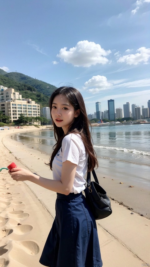 schoolgirls, Long skirt, sandbeach, spray, blue-sky, baiyun.