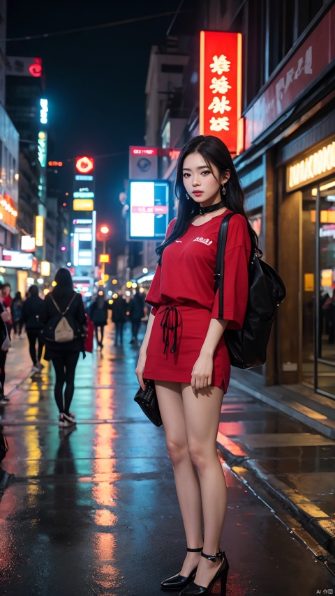 Beautiful Thai college student,long straight black hair,cute face,far shot,choker,full body,large earring,small bag,red shirt,miniskirt,night light,city,Photography,Surrounded by neon-lit reflections of the cityscape, depth of fields,Night, cyberpunk aesthetic, Highly detailed lighting, Dramatic,8K, high-detail, Skin Texture, Realistic skin texture,Best Quality, hight resolution, Photorealsitic