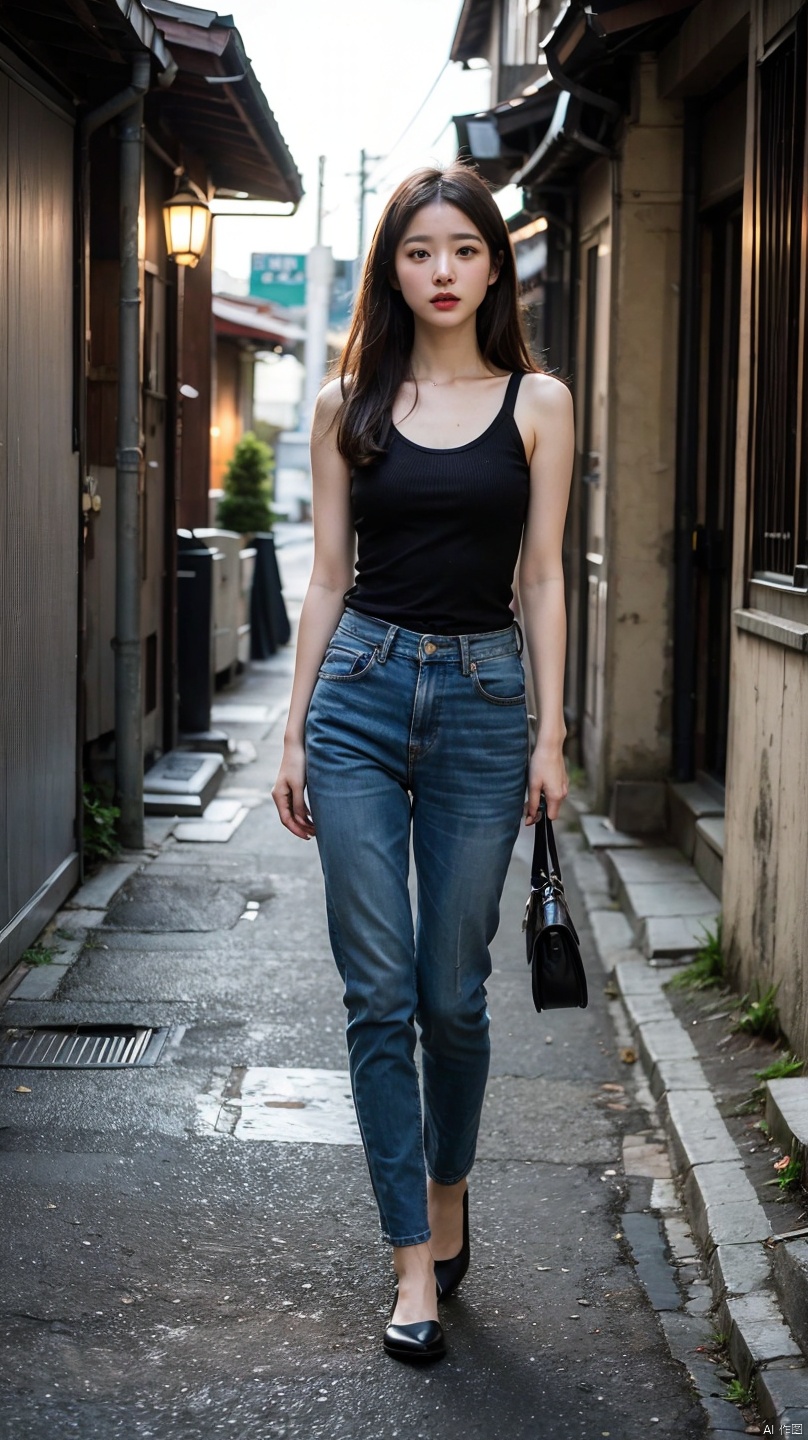 Best quality, masterpiece, ultra high res, (photorealistic:1.4), 1girl, in the dark, deep shadow, low key, (photorealistic:1.4), slim body, undone hair, japanese street alley, dynamic pose,adolescence,cute