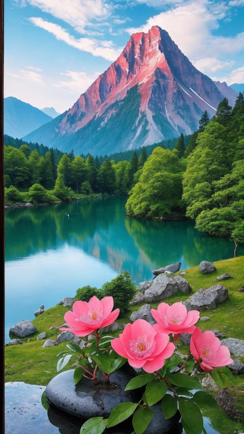 A lake with a stone in the middle, in the background is a mountain with pink flowers, Chen Chi, very beautiful scenery, a painting, cloisonne ism