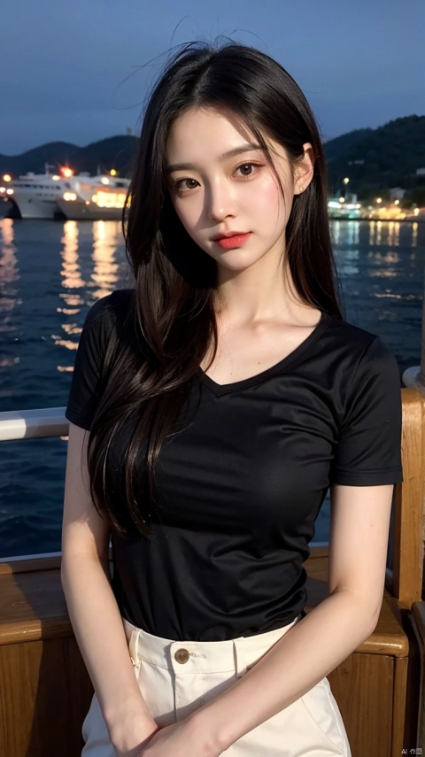 （Original photo of 8K,best qualtiy,tmasterpiece：1.2）,（Medium view）,the night,Night on a yacht,Sea and night view in the background,best qualtiy,tmasterpiece,（Small mouth：1.2）,short- sleeved,short- sleeved,short- sleeved,short- sleeved,an extremely delicate and beautiful one,,astounding,finely detailled,tmasterpiece,Best quality at best,（age 22：1.2）,Narrow waist,Slim,is shy,Pure,adolable,Bushy hair,Soft hair,big breasts beautiful,A detailed eye,（long whitr hair：1.2）