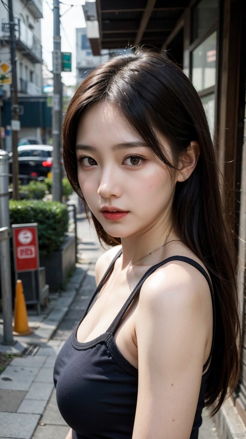 Best quality, masterpiece, ultra high res, (photorealistic:1.4), 1girl, in the dark, deep shadow, low key, (photorealistic:1.4), slim body, undone hair, japanese street alley, dynamic pose,adolescence,cute