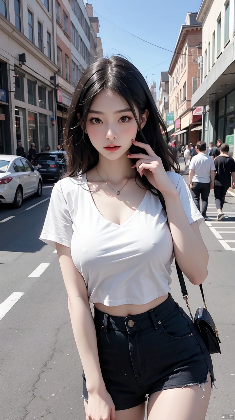 Beautiful woman, fiddling with mobile phone in the middle of the street, short clothes, big breasts