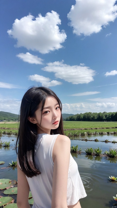 Vast landscape photo, (from below, the sky above), a girl, characters account for 0.6, summer countryside, lotus pond, lotus flowers, cool clothes, skin sweat