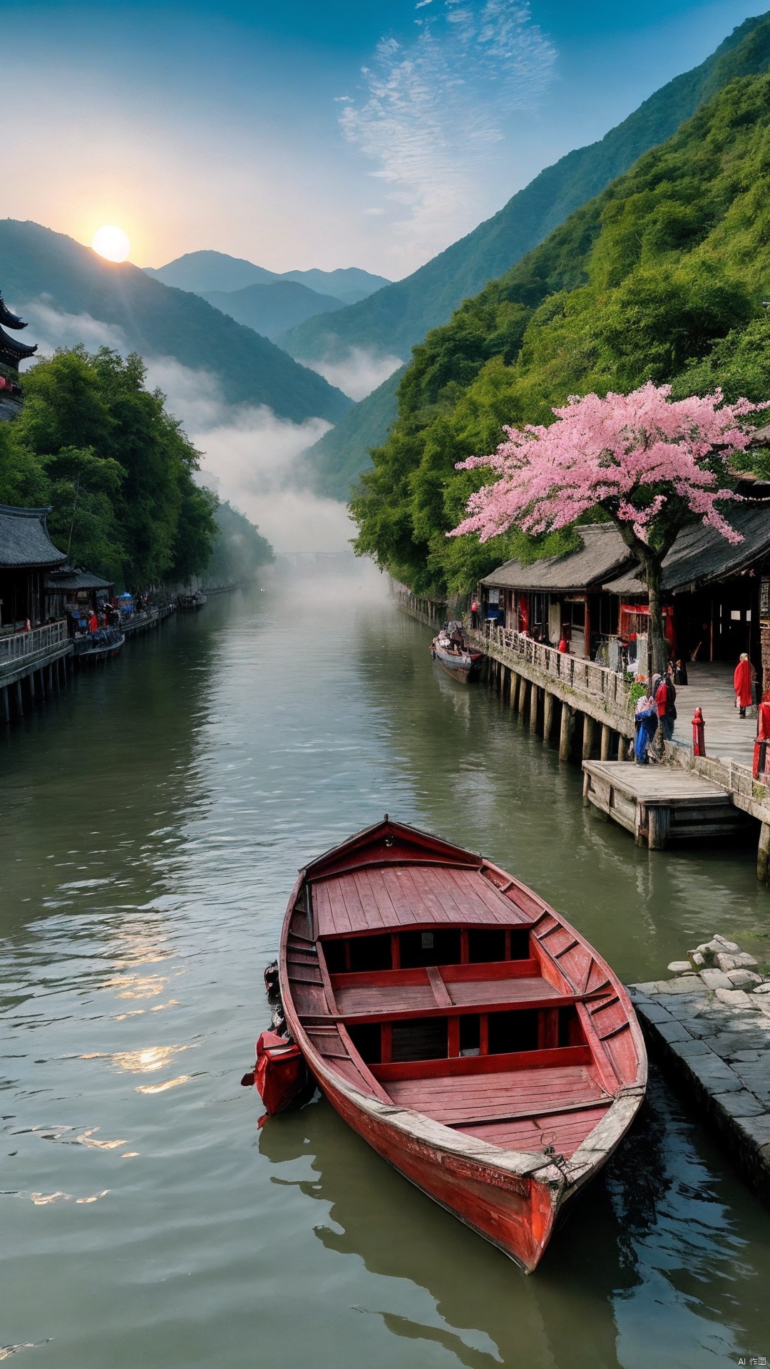 Between the two mountains, the Three Gorges, the ancient town, the distant mountains are foggy, foggy, there are docks by the river, there are boats by the docks, the water villages in the south of the Yangtze River are lively, Wupeng boats are in the river, the buildings are on both sides of the river, the river is full of peach blossoms, ink landscape paintings, evening, sunset