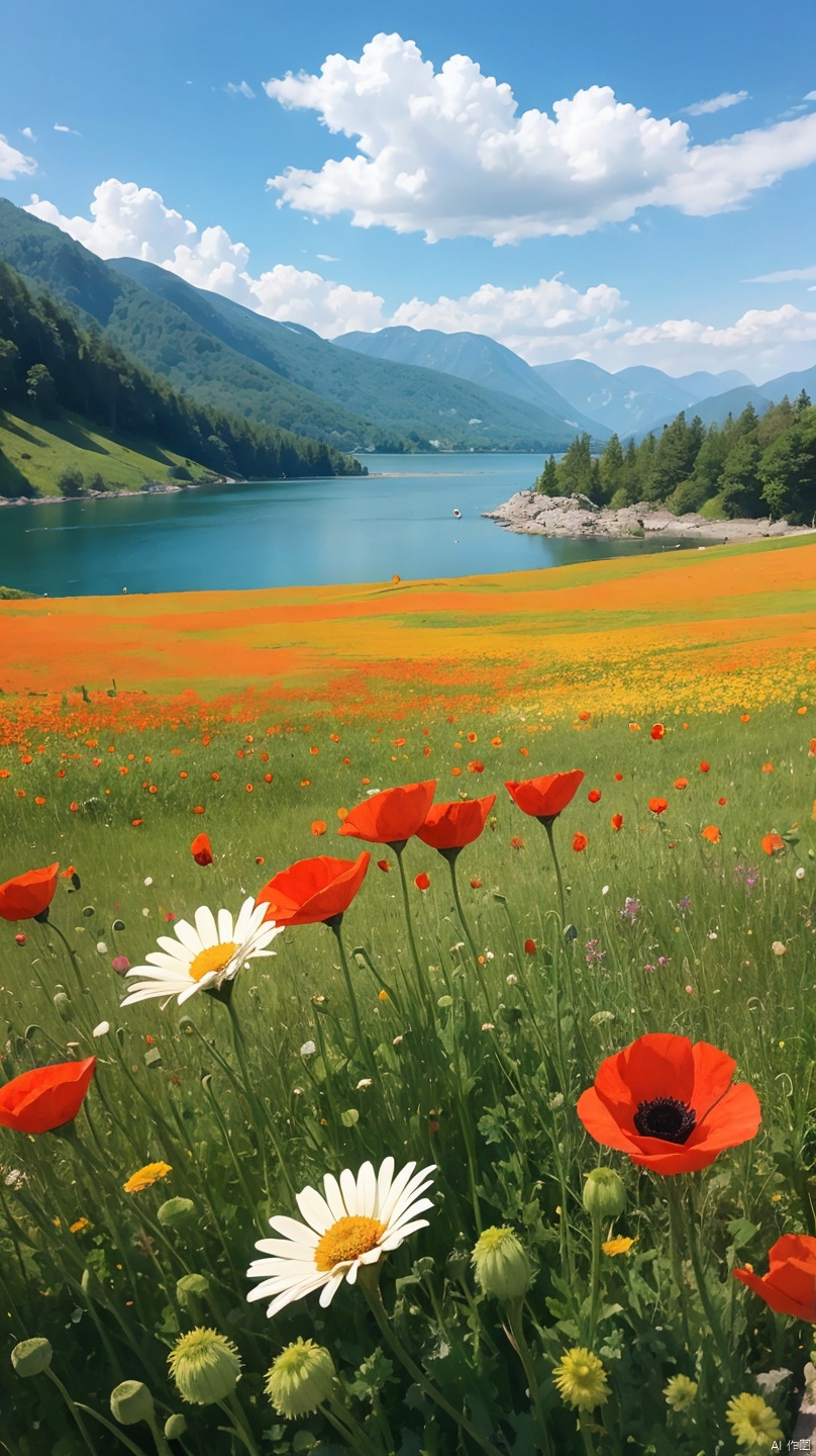 a painting of red and yellow flowers in front of a body of water, blue sky, cloudy, a pointillism painting, poppies, detailed watercolor painting, daisies and poppies, watercolors on canvas, romanticism landscape painting, by Anne Dunn, floral splash painting, painting on silk, highly detailed water colour 8k, highly detailed water colour 8 k, watercolor landscape, a watercolor painting
