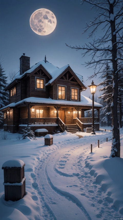 A house in the snow with a full moon in the background and a path with lanterns, Yevgeny Lushpin, a detailed matte painting, art of fantasy