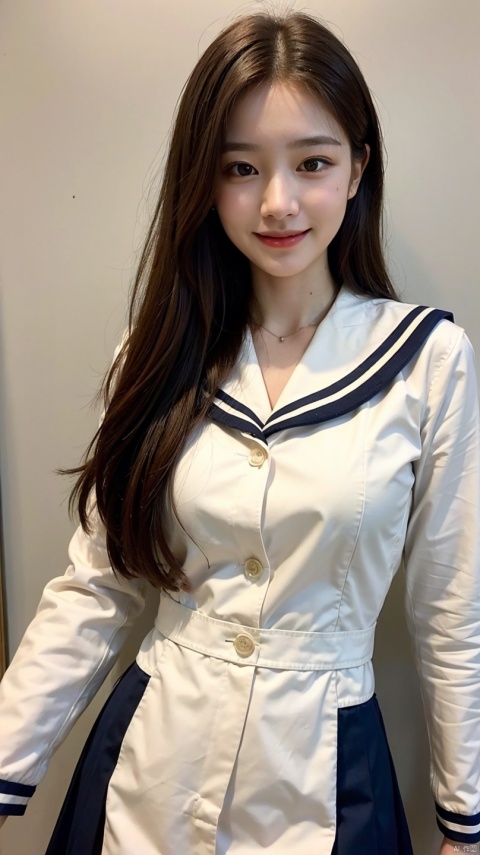 ((highest quality, 8k, masterpiece: 1.3)), whole body、(1 16 year old girl), Slim figure: 1.4, (Brown Hair, big: 1.3), Highly detailed face, Fine grain, double eyelid, (Sailor suit schoolgirl), Laughter, 16 years old,