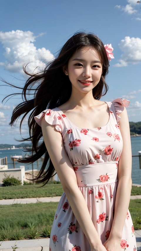 Beauty Long hair Pink bow Floral dress Looking into the distance The wind blows over smile