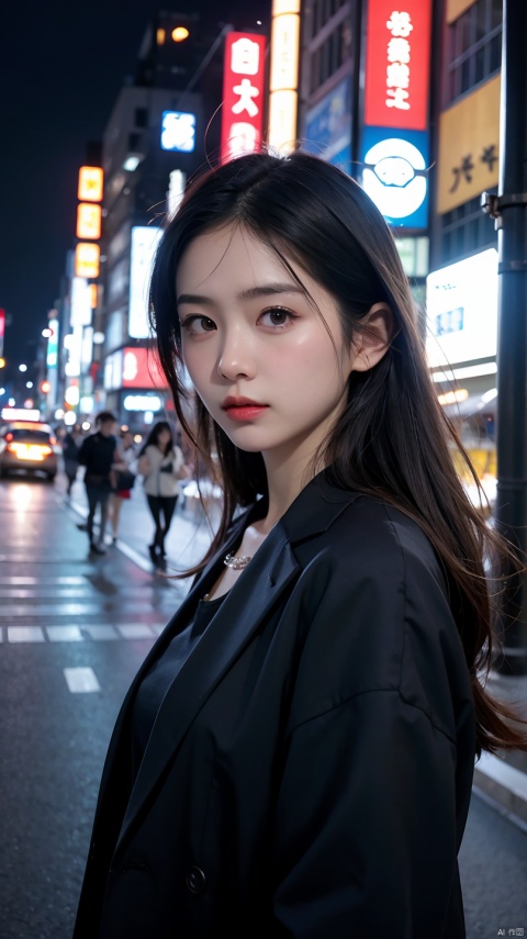 1 girl, Tokyo streets,night, city View,city lights, Upper body,close up, 8k, original photo, best quality, masterpiece,actual, photo-actual,