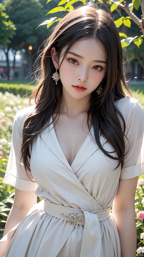 Best quality at best, tmasterpiece, 超高分辨率, above waist, realisticlying, beuaty girl, girl in a flower field, 詳細な目, Detailed pubic hair, pale-skinned, bokeh