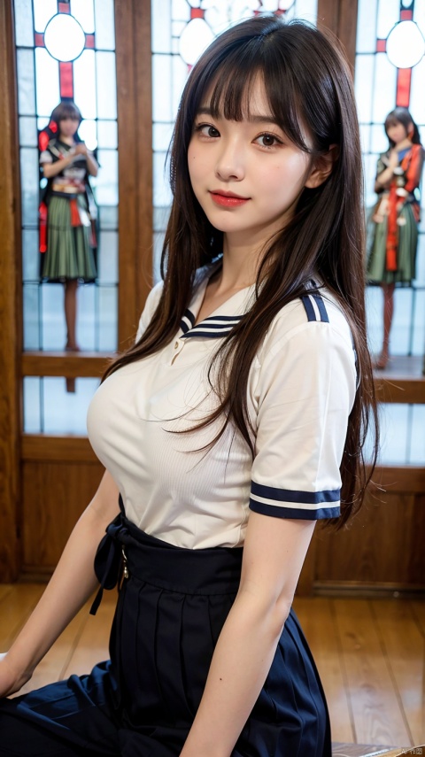 (((Draw only one woman: 2))), Beautiful 18 year old Japan woman, (A high school girl wearing a sailor uniform with short sleeves and a ribbon: 1.5), (Japan strict girls' school sailor uniform), ((Body-fitting sailor suit:1.5)), ((Big breasts in uniform&#39;It&#39;s going to explode:1.5)), ( High school girl sitting in the church pew: 1.2), (Beautiful and elaborate stained glass on the background: 1.5), ((1screen)), in 8K, RAW shot, top quality photo, masutepiece, Amazing realism photos, (lighting like a movie:1.5), ((Anatomically correct proportions: 1.5)), ((perfectly proportions)), (Cute woman like an idol in Japan:1.5), Detailed face, Detailed eyes, Narrow Nose, Detailed skin, (Beautiful long hair: 1.5), (Transparent bangs:1.5), {{facial close-up:1.5}}, (ssmile:1.2), (Angle from the side)