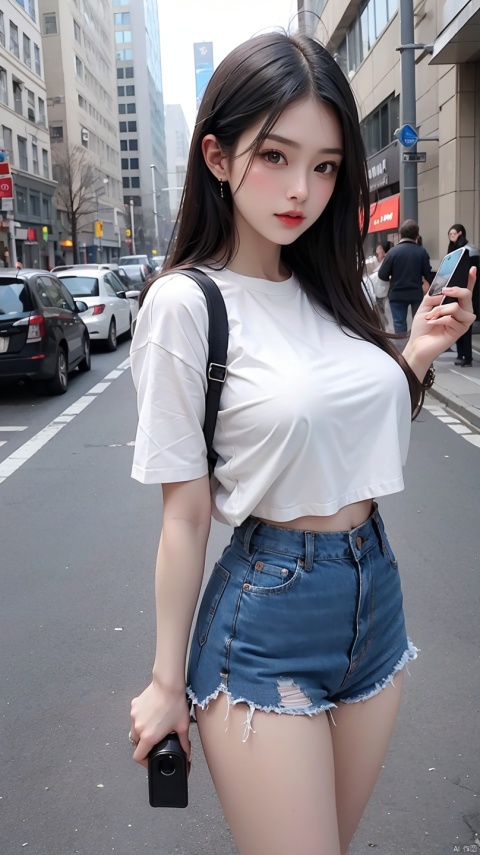 Beautiful woman, fiddling with mobile phone in the middle of the street, short clothes, big breasts