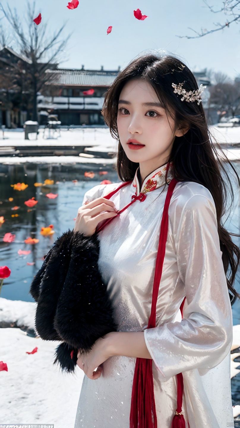 32K（tmasterpiece,k hd,hyper HD,32K）Long flowing black hair,ponds,zydink, a color,  Xuzhou people （Seduce girls）, （Red scarf in the snow）, Combat posture, looking at the ground, long whitr hair, Floating hair, Carp pattern headdress, Chinese long-sleeved silver cheongsam, （Abstract gouache splash：1.2）, Pink petal background,Tulips flying（realisticlying：1.4）,Black color hair,Fallen leaves flutter,The background is pure, A high resolution, the detail, RAW photogr, Sharp Re, Nikon D850 Film Stock Photo by Jefferies Lee 4 Kodak Portra 400 Camera F1.6 shots, Rich colors, ultra-realistic vivid textures, Dramatic lighting, Unreal Engine Art Station Trend, cinestir 800,Long flowing black hair,see-through transparent clothes