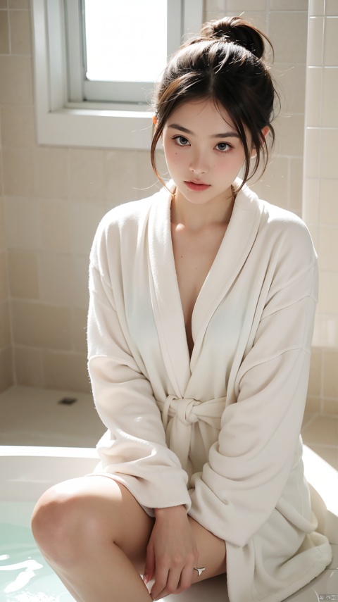 Natural light, girl bathing in bathtub in hotel bathroom in white bathrobe, (best quality, masterpiece: 1.2)