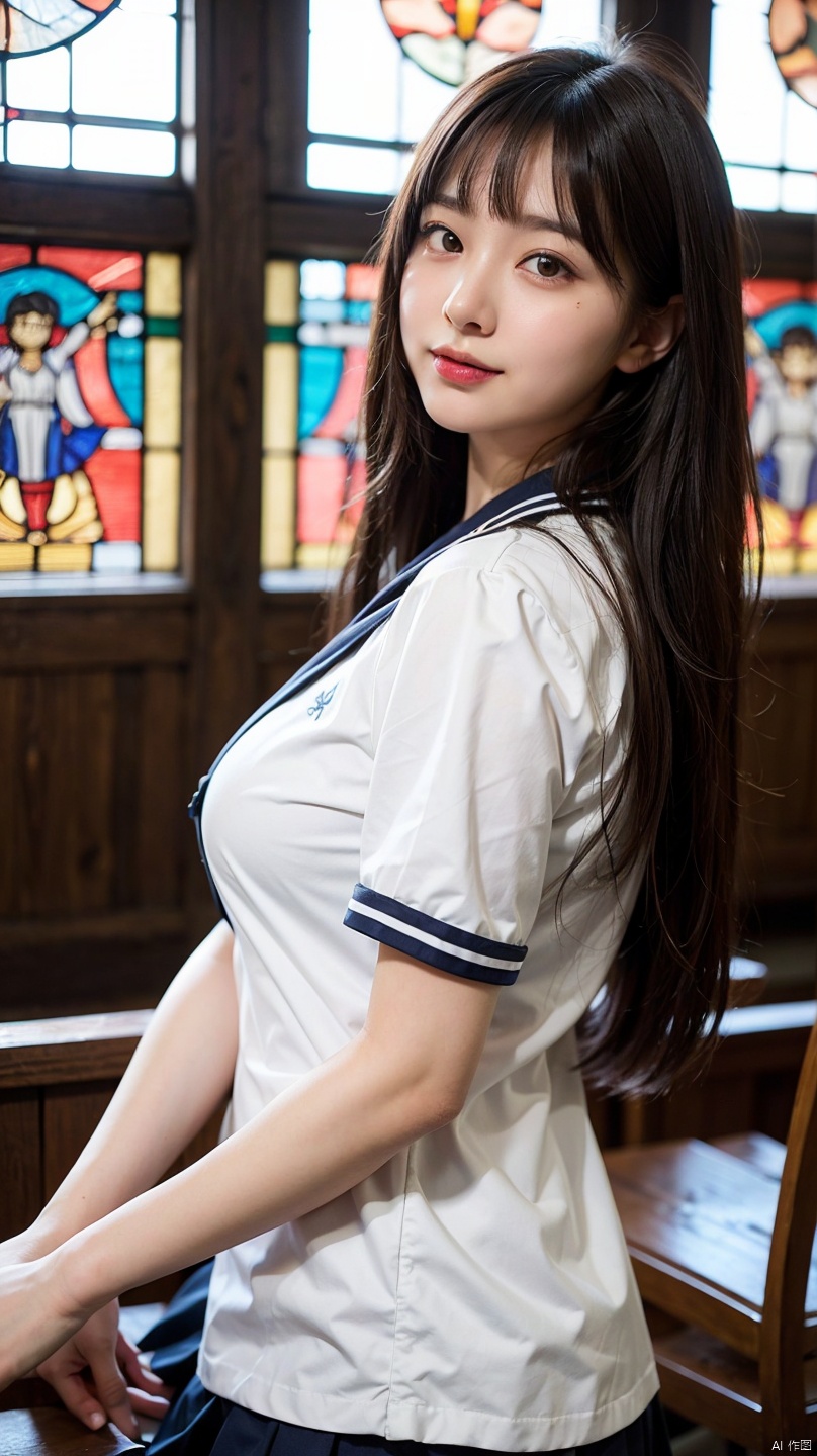 (((Draw only one woman: 2))), Beautiful 18 year old Japan woman, (A high school girl wearing a sailor uniform with short sleeves and a ribbon: 1.5), (Japan strict girls' school sailor uniform), ((Body-fitting sailor suit:1.5)), ((Big breasts in uniform&#39;It&#39;s going to explode:1.5)), ( High school girl sitting in the church pew: 1.2), (Beautiful and elaborate stained glass on the background: 1.5), ((1screen)), in 8K, RAW shot, top quality photo, masutepiece, Amazing realism photos, (lighting like a movie:1.5), ((Anatomically correct proportions: 1.5)), ((perfectly proportions)), (Cute woman like an idol in Japan:1.5), Detailed face, Detailed eyes, Narrow Nose, Detailed skin, (Beautiful long hair: 1.5), (Transparent bangs:1.5), {{facial close-up:1.5}}, (ssmile:1.2), (Angle from the side)