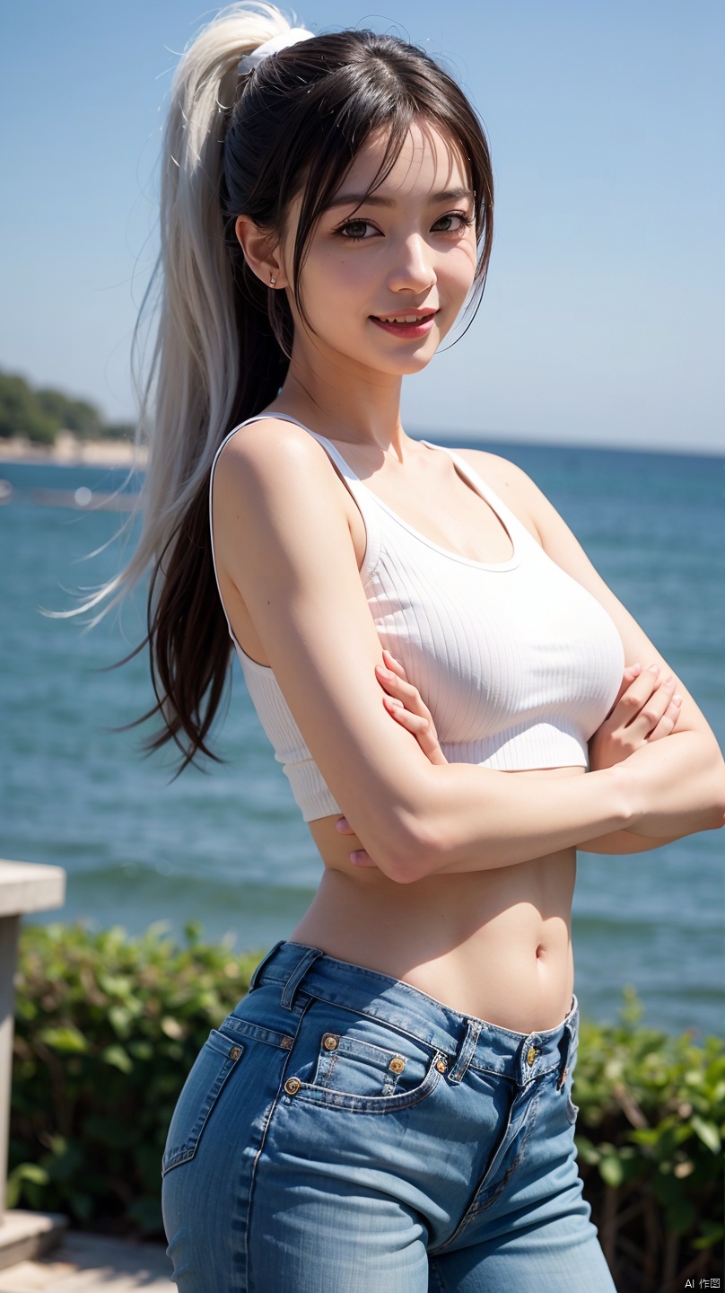1girll,Fake smile,High ponytail,White color hair,At dusk,deepshadow,Tifa looks,perfect bodies,Beautiful background,Blue eyes,blue denim pants,black cloaths
