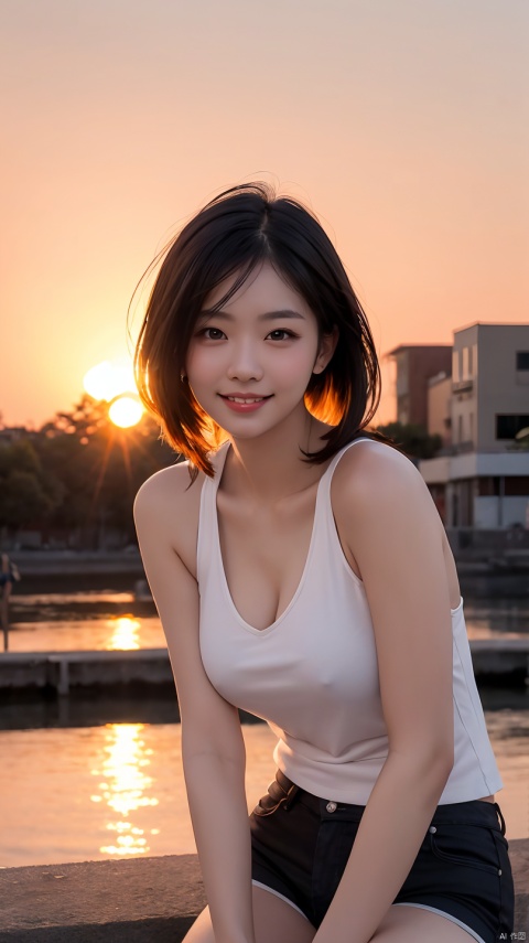 1girl, photo model, smile, focus to viewer, beautiful lighting, best quality, masterpiece, ultra highres, photorealistic, black hair, short tank top, short pants, long stocking, medium breasts, white skin,( sunset background:1.4)