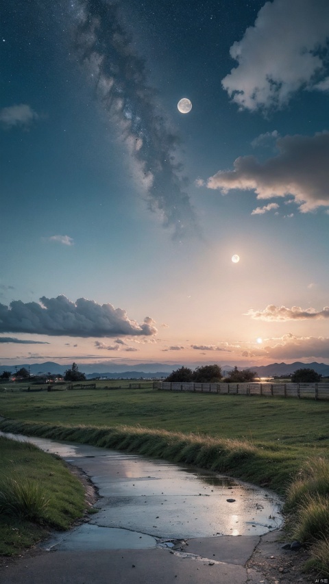 On the night of the Mid-Autumn Festival, the sky is high and the clouds are light, with the moon and the clouds. There are paths and grass on the ground.