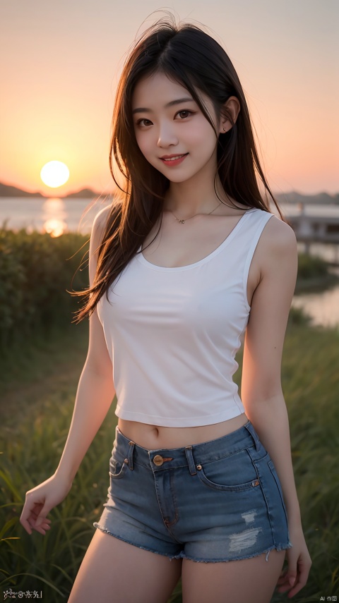 1girl, photo model, smile, focus to viewer, beautiful lighting, best quality, masterpiece, ultra highres, photorealistic, black hair, short tank top, short pants, long stocking, medium breasts, white skin,( sunset background:1.4)