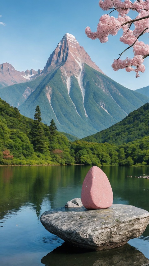 A lake with a stone in the middle, in the background is a mountain with pink flowers, Chen Chi, very beautiful scenery, a painting, cloisonne ism