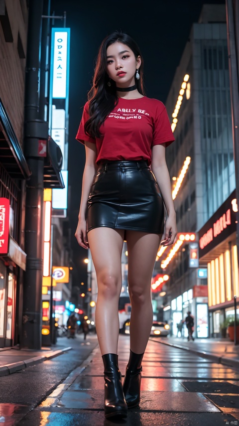 Beautiful Thai college student,long straight black hair,cute face,far shot,choker,full body,large earring,small bag,red shirt,miniskirt,night light,city,Photography,Surrounded by neon-lit reflections of the cityscape, depth of fields,Night, cyberpunk aesthetic, Highly detailed lighting, Dramatic,8K, high-detail, Skin Texture, Realistic skin texture,Best Quality, hight resolution, Photorealsitic