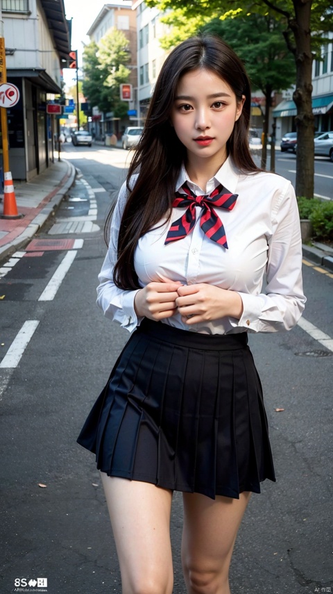 8k resolution), (RAW photo), (best quality), (masterpiece:1.5), (photorealistic:1.5), (photorealistic)), vibrant detail, ultra-realistic, 1girl, (cute: 1.2)((school uniform)),(((jk)))),road, intersection, big breast,