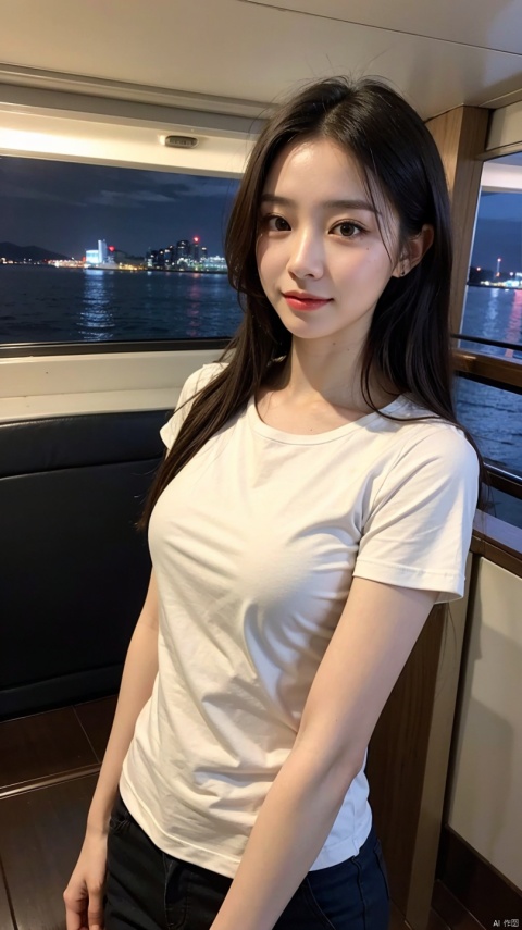 （Original photo of 8K,best qualtiy,tmasterpiece：1.2）,（Medium view）,the night,Night on a yacht,Sea and night view in the background,best qualtiy,tmasterpiece,（Small mouth：1.2）,short- sleeved,short- sleeved,short- sleeved,short- sleeved,an extremely delicate and beautiful one,,astounding,finely detailled,tmasterpiece,Best quality at best,（age 22：1.2）,Narrow waist,Slim,is shy,Pure,adolable,Bushy hair,Soft hair,big breasts beautiful,A detailed eye,（long whitr hair：1.2）