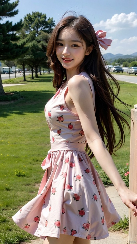 Beauty Long hair Pink bow Floral dress Looking into the distance The wind blows over smile