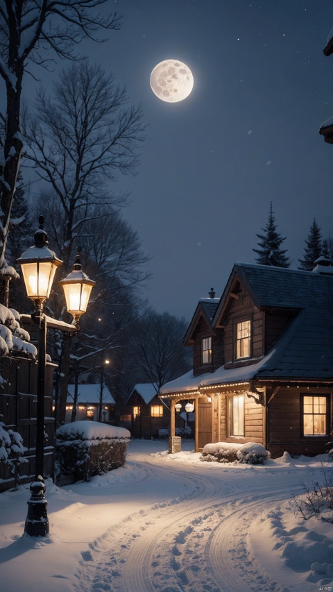 A house in the snow with a full moon in the background and a path with lanterns, Yevgeny Lushpin, a detailed matte painting, art of fantasy