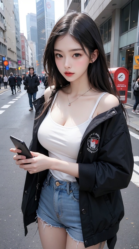Beautiful woman, fiddling with mobile phone in the middle of the street, short clothes, big breasts
