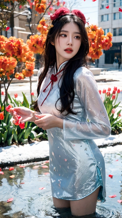 32K（tmasterpiece,k hd,hyper HD,32K）Long flowing black hair,ponds,zydink, a color,  Xuzhou people （Seduce girls）, （Red scarf in the snow）, Combat posture, looking at the ground, long whitr hair, Floating hair, Carp pattern headdress, Chinese long-sleeved silver cheongsam, （Abstract gouache splash：1.2）, Pink petal background,Tulips flying（realisticlying：1.4）,Black color hair,Fallen leaves flutter,The background is pure, A high resolution, the detail, RAW photogr, Sharp Re, Nikon D850 Film Stock Photo by Jefferies Lee 4 Kodak Portra 400 Camera F1.6 shots, Rich colors, ultra-realistic vivid textures, Dramatic lighting, Unreal Engine Art Station Trend, cinestir 800,Long flowing black hair,see-through transparent clothes