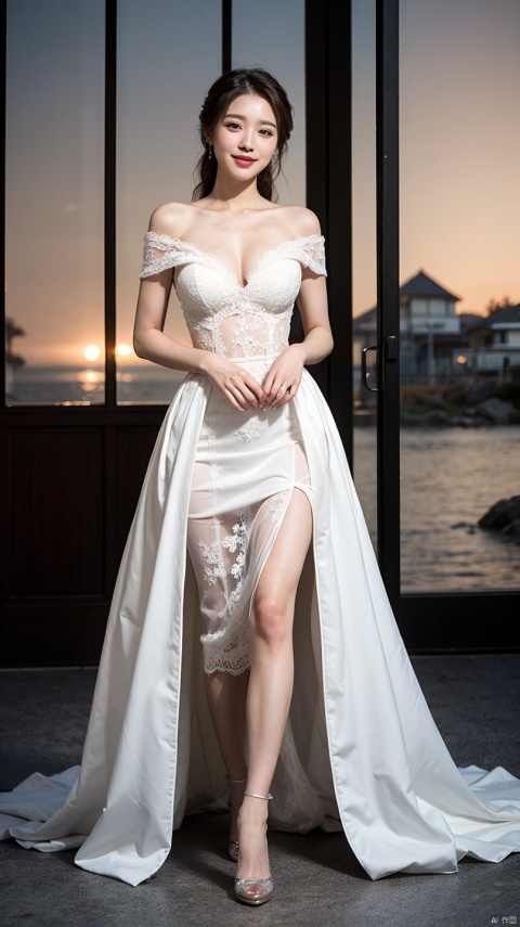 (Very detailed, reasonable design, Clear lines,Best quality, Masterpiece,Light and dark Canon photography is crystal clear ,Large breasts,cropped shoulders,Lace（realisticlying:1.2）Beutiful women,Red wedding dress,Full body photo,Smile