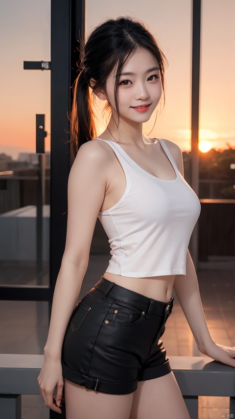 1girl, photo model, smile, focus to viewer, beautiful lighting, best quality, masterpiece, ultra highres, photorealistic, black hair, short tank top, short pants, long stocking, medium breasts, white skin,( sunset background:1.4)
