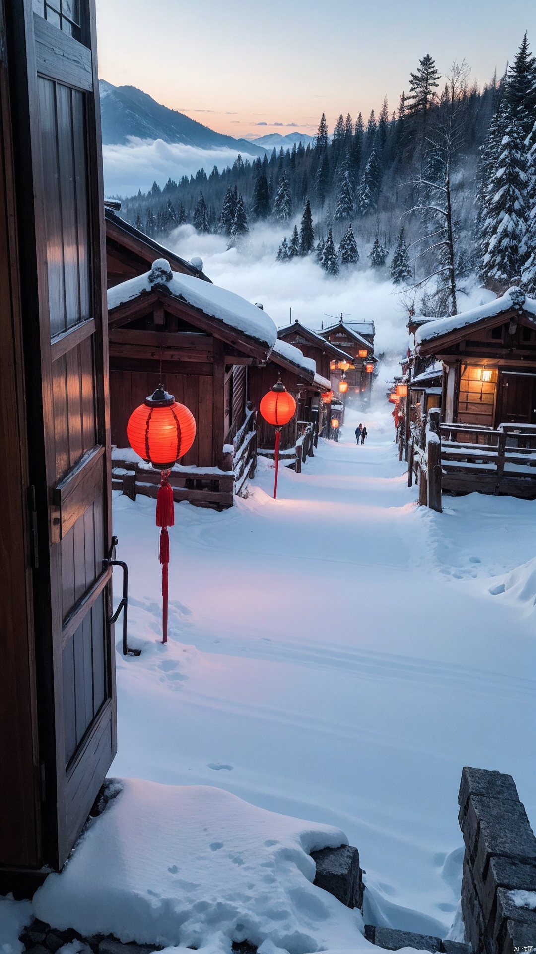 Dashan, snowy mountain, Chinese New Year scenery, fog and colorful clouds, natural and harmonious colors, rows of small houses at the foot of the mountain, emitting soft lights, big red lanterns hanging on the door, no words on the lanterns, fireworks in the sky, soft moonlight, looking very quiet and healing style, 8K, beautiful and Zen, looking appealing, southern winter has snow scenery, mountains as the main body