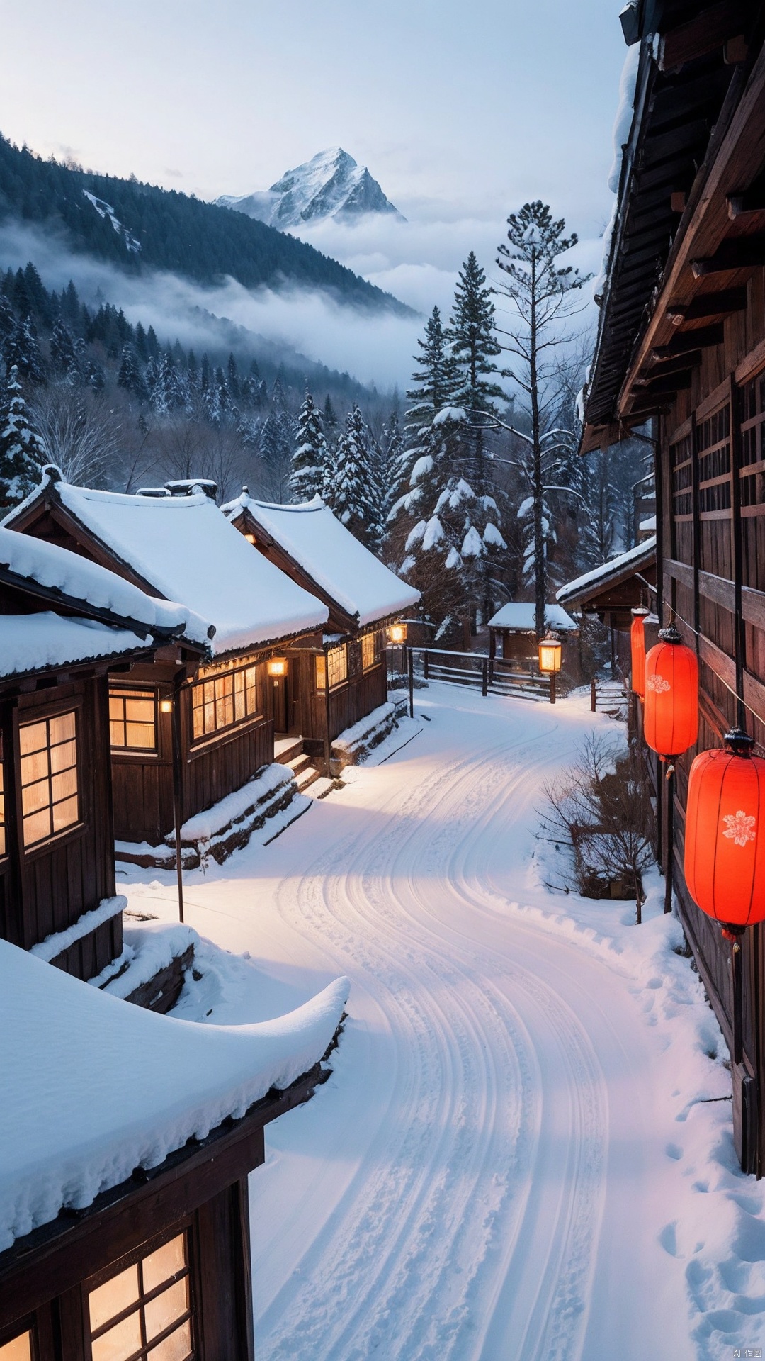 Dashan, snowy mountain, Chinese New Year scenery, fog and colorful clouds, natural and harmonious colors, rows of small houses at the foot of the mountain, emitting soft lights, big red lanterns hanging on the door, no words on the lanterns, fireworks in the sky, soft moonlight, looking very quiet and healing style, 8K, beautiful and Zen, looking appealing, southern winter has snow scenery, mountains as the main body