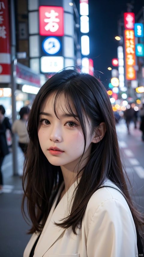 1 girl, Tokyo streets,night, city View,city lights, Upper body,close up, 8k, original photo, best quality, masterpiece,actual, photo-actual,