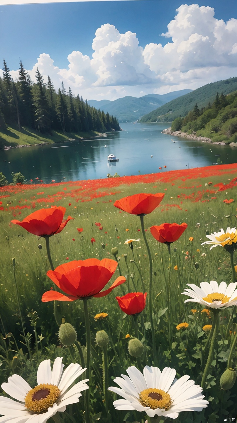 a painting of red and yellow flowers in front of a body of water, blue sky, cloudy, a pointillism painting, poppies, detailed watercolor painting, daisies and poppies, watercolors on canvas, romanticism landscape painting, by Anne Dunn, floral splash painting, painting on silk, highly detailed water colour 8k, highly detailed water colour 8 k, watercolor landscape, a watercolor painting
