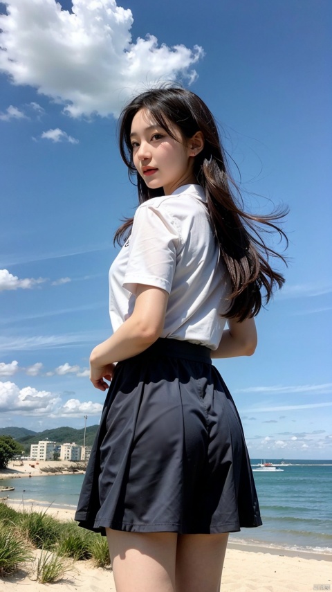 schoolgirls, Long skirt, sandbeach, spray, blue-sky, baiyun.