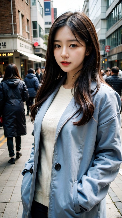 (realistic、highest resolution:1.3)、Delicate facial expression, A woman in a blue coat is walking down the street, 1 Korean beauty, different actions, clothes:random color,