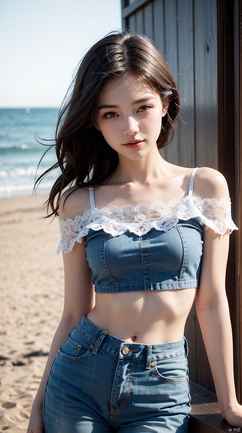 (fashion photo:1.5), incredible scenery, (full color fashion shot of 21 year old woman, portrait, masterpiece, perfect face, cowboy shot:1.1), young ***** woman model, (sultry and glamorous look), sunlit beach backdrop, ((trendy outfit)), high-waisted jeans, ((intricately detailed offshoulder crop top with delicate lace trim and subtle floral embroidery)), beachy waves hairstyle, golden hour lighting, playful and seductive pose, vibrant blue ocean in the background, subtle vintage filter, golden hour lighting, sweet subtle smile