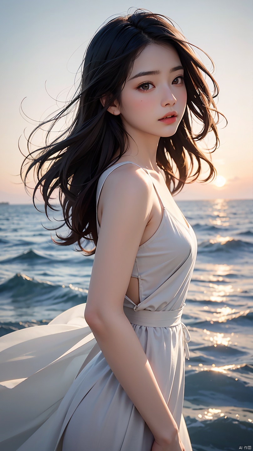 1 girl,kawaii,Detailed face,looking at the audience,focus,masterpiece,best quality, high resolution,8k,complex,elegant,Very detailed,Dynamic lightingBREAKLong hair flows elegantly in the gentle sea breeze,The fading sunlight casts warmth, The ethereal light in the scene. She wears a flowing, Light-colored dress that flutters in the wind. Waves in the background gently kiss the shore, There is a sense of tranquility in the air, The overall atmosphere should evoke a sense of serenity and beauty