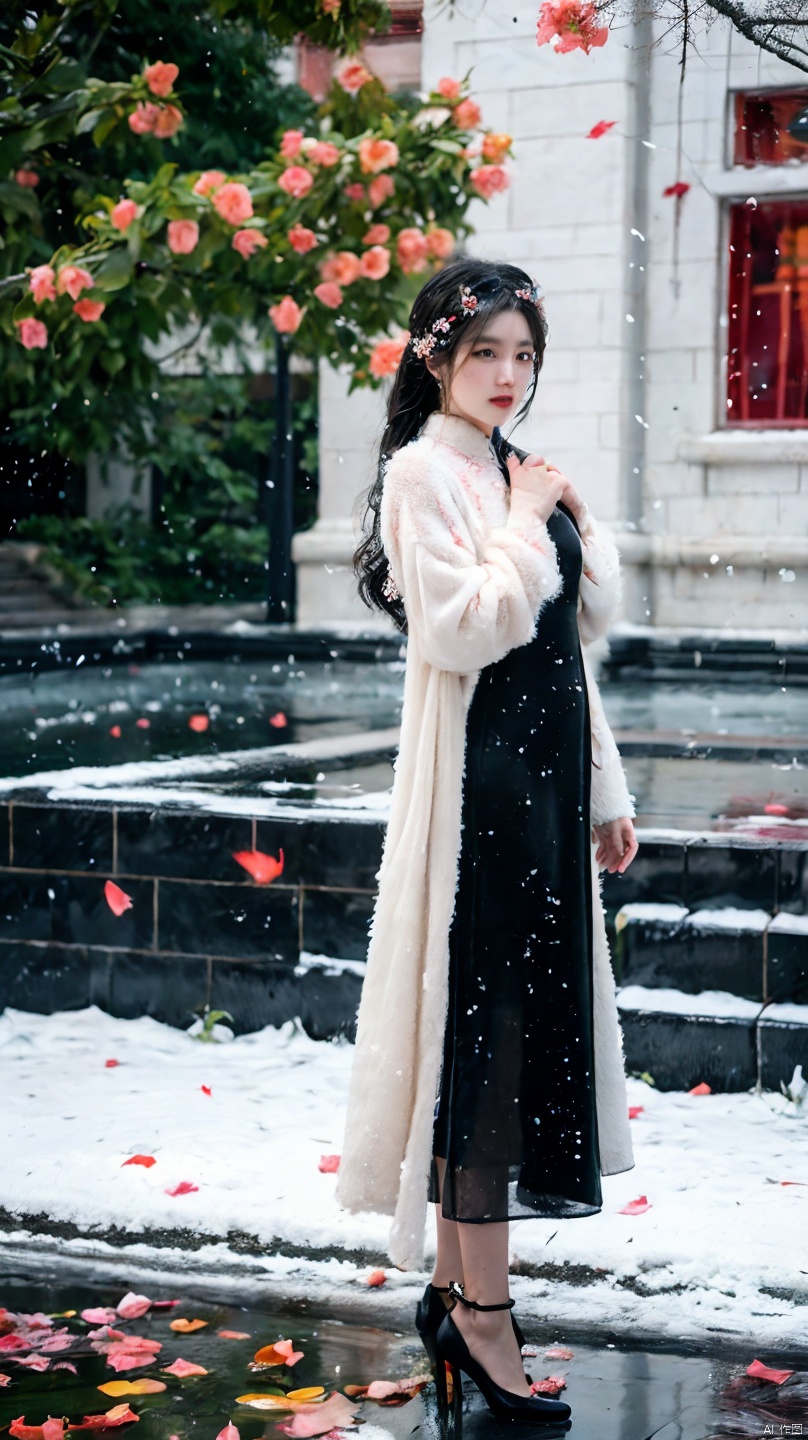 32K（tmasterpiece,k hd,hyper HD,32K）Long flowing black hair,ponds,zydink, a color,  Xuzhou people （Seduce girls）, （Red scarf in the snow）, Combat posture, looking at the ground, long whitr hair, Floating hair, Carp pattern headdress, Chinese long-sleeved silver cheongsam, （Abstract gouache splash：1.2）, Pink petal background,Tulips flying（realisticlying：1.4）,Black color hair,Fallen leaves flutter,The background is pure, A high resolution, the detail, RAW photogr, Sharp Re, Nikon D850 Film Stock Photo by Jefferies Lee 4 Kodak Portra 400 Camera F1.6 shots, Rich colors, ultra-realistic vivid textures, Dramatic lighting, Unreal Engine Art Station Trend, cinestir 800,Long flowing black hair,see-through transparent clothes