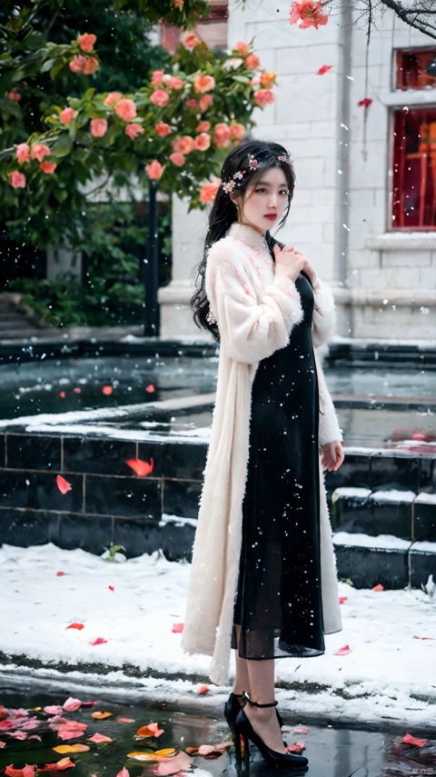 32K（tmasterpiece,k hd,hyper HD,32K）Long flowing black hair,ponds,zydink, a color,  Xuzhou people （Seduce girls）, （Red scarf in the snow）, Combat posture, looking at the ground, long whitr hair, Floating hair, Carp pattern headdress, Chinese long-sleeved silver cheongsam, （Abstract gouache splash：1.2）, Pink petal background,Tulips flying（realisticlying：1.4）,Black color hair,Fallen leaves flutter,The background is pure, A high resolution, the detail, RAW photogr, Sharp Re, Nikon D850 Film Stock Photo by Jefferies Lee 4 Kodak Portra 400 Camera F1.6 shots, Rich colors, ultra-realistic vivid textures, Dramatic lighting, Unreal Engine Art Station Trend, cinestir 800,Long flowing black hair,see-through transparent clothes