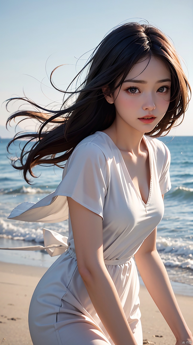 1 girl,kawaii,Detailed face,looking at the audience,focus,masterpiece,best quality, high resolution,8k,complex,elegant,Very detailed,Dynamic lightingBREAKLong hair flows elegantly in the gentle sea breeze,The fading sunlight casts warmth, The ethereal light in the scene. She wears a flowing, Light-colored dress that flutters in the wind. Waves in the background gently kiss the shore, There is a sense of tranquility in the air, The overall atmosphere should evoke a sense of serenity and beauty