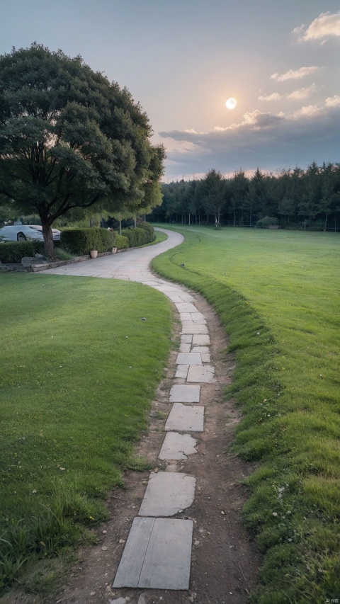 On the night of the Mid-Autumn Festival, the sky is high and the clouds are light, with the moon and the clouds. There are paths and grass on the ground.